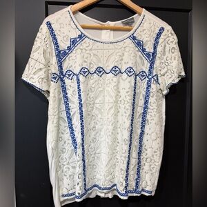 Market & Spruce White and Blue Lace Blouse